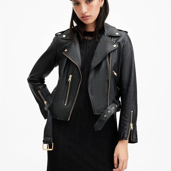 NWT All Saints Balfern Black Leather Biker Jacket with Silver Hardware - Picture 10 of 11